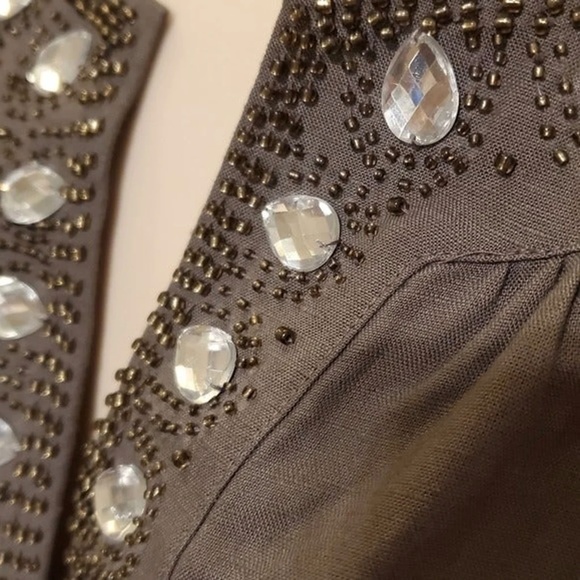 NEW YORK & COMPANY Sheath Dress Gray Jeweled Beaded Neckline Linen Blend Large - Picture 5 of 9